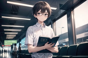 vibrant colors, masterpiece, sharp focus, best quality, depth of field, cinematic lighting, (illustration, 8k CG, extremely detailed), masterpiece, ultra-detailed, (solo),1 man around 15 years old ,  short, short brown hair, black eyes,glasses, white shirt, upperbody , standing and holding a book, stare, background in airport