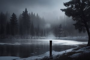 midjourney, masterpiece, best quality, best quality, Amazing, finely detail, Depth of field, extremely detailed CG unity 8k wallpaper, masterpiece,the lake , no humans, black shodow around the lake ,aisb,   forest, grey fog atmosphere ,{ice world around the backgorund }, night, 