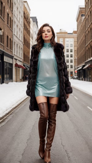 Heavy winter fur coat, nettle tunic, seethrough tunic. strategic cutouts, animal brown leather stockings, elevated heels, brown leather boots, decorated boots.