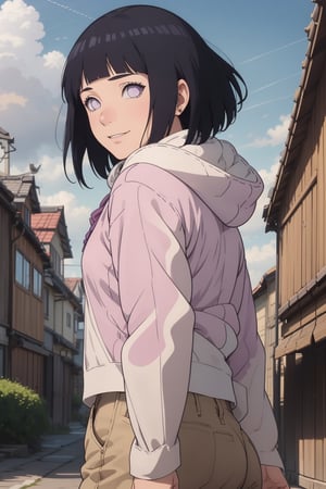 1girl, solo, perspective from below, looking at viewer, short hair, bangs, black hair, long sleeves, purple eyes, thighs, shorts, outdoors, hood, blunt bangs, short shorts, hoodie, hood down, brown shorts, pink hoodie, hyuuga hinata,hinata(boruto) ,perfect light,hyuuga hinata ,smile,Details++,