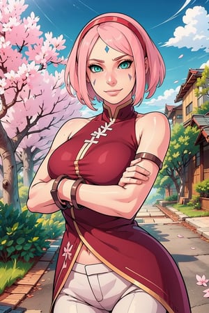 1girl, solo, breasts, looking at viewer, smile, short hair, navel, bare shoulders, jewelry, green eyes, pink hair, cowboy shot, hairband, outdoors, sky, sleeveless, day, pants, bracelet, facial mark, crossed arms, cherry blossoms, forehead mark, white pants, red hairband, haruno sakura