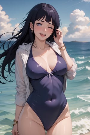 1girl, solo, long hair, breasts, looking at viewer, smile, open mouth, bangs, black hair, jewelry, medium breasts, standing, collarbone, jacket, swimsuit, outdoors, one eye closed, open clothes, sky, day, cloud, hood, blunt bangs, water, arm up, bracelet, open jacket, blue sky, one-piece swimsuit, hoodie, covered navel, ocean, white jacket, ;d, hooded jacket, white eyes, splashing, purple one-piece swimsuit, hyuuga hinata