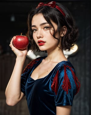 best quality, ultra high res, (Professional Photo:1.4), 1girl, (((Beautiful American Girl Holding an Apple))), 18 Years Old, (Very Flat Chest:1.4), (Very Young Girl Chest:1.4), (Dark Black Hair:1.4), ((short thick hair, volume hair)), (1940 Hollywood Hair Style), (Bright Red Lips:1.4), (Natural Beauty Look), piercing eyes, Brown Eyes, (full body), (closeup) , RAW candid cinema, Canon 5D, 85mm, High Resolution Scan, color graded portrait 400 film, remarkable color, ultra realistic, textured skin, remarkable detailed pupils, realistic dull skin noise, visible skin detail, skin fuzz, dry skin, shot with cinematic camera, Visible Face, no accessories on Face, no accessories on body, (Accurately Realistic Teeth), (Very Sensual Look:1.4), (Vintage Photography Style), (1940 Style), (1940 Pin Up Photography Style), (Fully Clothed:1.4), Photograph by Holly Randall, (Warm and Bright Colors), (Perfect Body), (Visible Shoulders), Hour Glass Body, (Vintage Detailed Embroidered Velvet Red, Blue and Yellow Dress:1.4), (Red Velvet Bow in Hair:1.4), (Intricate Detailed Church Stained Glass Windows Background), (Award Winning Best Fashion Photography), Mind-blowing Photograph, Masterpiece, —Style Raw,photorealistic