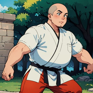 anime illustration of a chubby monk, martial artist, outdoors,