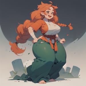 anime illustration, cute, chubby, ((martial artist, monk)), 1girl, happy, ((shortstack, curvy figure, overweight, large breasts, thicc)),  (orange hair, big hair, messy hair, big twin braids), thick eyebrows, (baggy pants, shin wraps), full body, 