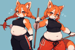 anime illustration of a female monk, martial artist, red-panda girl, anthro, (big hair, orange hair, twin braids), mature, plump, thick arms, balancing high on staff, puffy pants, crop top, long tail,