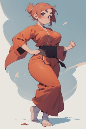 anime illustration, cute, chubby, ((martial artist, monk)), 1girl, ((shortstack, curvy figure, overweight, large breasts, thicc)), thick eyebrows, full body