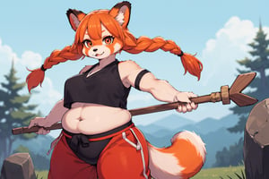 anime illustration of a female monk, martial artist, red-panda girl, anthro, (big hair, orange hair, twin braids), mature, plump, thick arms, balancing high on staff, puffy pants, crop top, long tail,