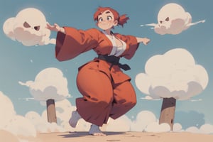 anime illustration, cute, chubby, ((martial artist, monk)), 1girl, ((shortstack, curvy figure, overweight, large breasts, thicc)), thick eyebrows, full body