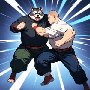 anime illustration of an (overweight) monk, martial artist, raccoon boy, anthro, puffy pants, baggy pants,, ((short legs)), chubby, fighting stance, ((dynamic angle)),