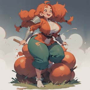 anime illustration, cute, chubby, ((martial artist, monk)), 1girl, happy, ((shortstack, curvy figure, overweight, large breasts, thicc)),  (orange hair, big hair, messy hair, big twin braids), thick eyebrows, (baggy pants, leg armor), full body, 