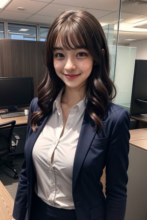 masterpiece, best quality, extremely detailed, anime,girl,solo,upper body,curly hair,business skirt,dress shirt,business jacket,open stance,smile,at office,sky,cute pose,id card,