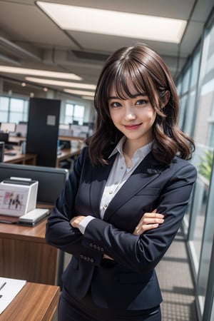 masterpiece, best quality, extremely detailed, anime,girl,solo,upper body,curly hair,business skirt,dress shirt,business jacket,open stance,smile,at office,sky,cute pose,id card