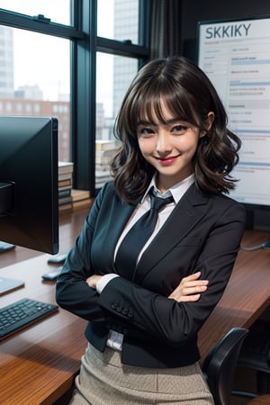 masterpiece, best quality, extremely detailed, anime,girl,solo,upper body,curly hair,business skirt,dress shirt,business jacket,open stance,smile,at office,sky,cute pose,id card