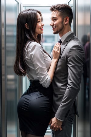 a man and a woman secretly make love in the elevator, look at each other, hug, hug the waist, back view of man, adhere closely, stroke one's butt, tension, talk, smile, lover, flame, (1man_1woman, 2others), from below, gray pencil mini skirt, high heel, office lady, man's suit, masterpiece, best quality, highly detailed, 8k, (upper body)