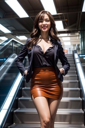 1lady, (from behind blow), ((Her backside under the escalator. appreciate her hips and legs)), big pelvis, (mini skirt suit), beautiful 
high heel, office lady, looking at viewer,
middle breasts, fluttering hair, (beautiful brown hair), Blunt bangs, long wavy hair framing her face, (seductive smile:1.3), (beautiful eye smile), masterpiece, best quality, highly detailed, 8k, standing,) full_body 