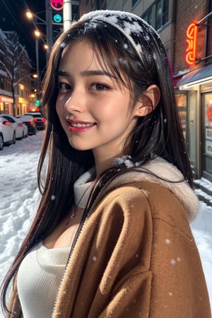 ((masterpiece)), ((best qualit)}, (ultra-detailed), ((extremely detailed)), 4K, (8K), best quality, look at the viewer, (beautiful), (snowy urban streets, neon sign, season's greeting atmosphere:1.6), (wrap a muffler:1.5), fluttering hair, beautiful brown hair, long wavy hair framing her face, perfectly shaped eyebrows, high cheekbones, subtle blush, full lips with a hint of gloss, minimal accessories, dainty necklace, confident and sensuous pose, focus on the subject, seductive glance, a pretty woman, solo, necklace, center opennig, long_eyelashes, (seductive smile:1.4), wearing mini dress, (wear a winter fur coat), beautiful long hair, (beautiful eyes), middle breast, from side below, film grain, upper body
