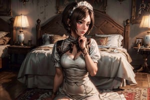 (4k), (masterpiece), (best quality),(extremely intricate), (realistic), (sharp focus), (cinematic lighting), (extremely detailed), hdr

full body, (busty maid), ((short_white_skirt)), ((small_white_blouse)), ((brown_hair)), american girl, castle bedroom, shy, timid, (blushing) AdaWongRE