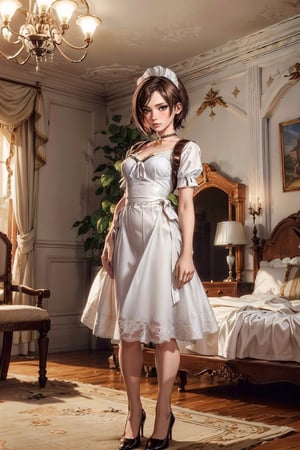 (4k), (masterpiece), (best quality),(extremely intricate), (realistic), (sharp focus), (cinematic lighting), (extremely detailed), hdr

full body, (busty maid), maid outfit, skirt is tiny, tiny skirt, ((short_white_skirt)), ((small_white_blouse)), ((brown_hair)), american girl, castle bedroom, shy, timid, (blushing) AdaWongRE,realhands, old bedroom, ((castle bedroom))