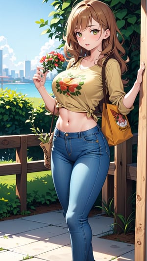 sexy hot teenage girl with expressive hazel eyes, sun-kissed skin, wavy chestnut hair, wears an olive green blouse with nature-inspired embroidery, high-waisted jeans, eco-friendly sneakers, and carries a botanical-printed canvas tote bag, big_sticking_breasts, big_round_ass, slim_toned_waist.