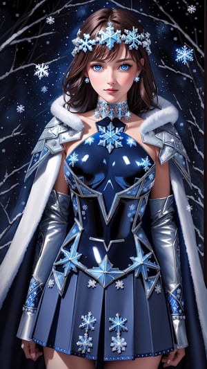 (masterpiece, ultraquality, official_art), ((deep_blue_eyes)), (brown_hair), 1 girl, ((deep_midnight_blue_skirt, resembling_a_starry_night_sky, with_silver_trim_and_icy_blue_accents)), ((form-fitting_bodysuit_adorned_with_delicate_snowflake_patterns, and_her_shoulder_pads_feature_intricate_snowflake_engravings)), (silver_snowflake_choker_and_wears_a_white_fur-lined_cloak), ((winter_night_background)),