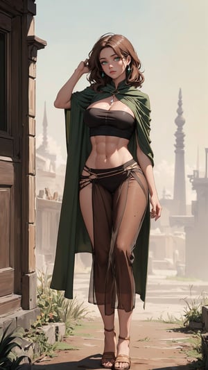 (((Unluxury))), (((faded poor brown earth hue dress))), ((sheer seethrough cropped tunic)), ((form-fitted trousers)), cloak, abs, midriff, best quality, 1 girl, nomad dress. (((steppes on background))), olive skin, emerald green eyes, pronounced perfect hourglass figure, well-toned body, narrow waist, fit huge h-cup breasts, chestnut hair.