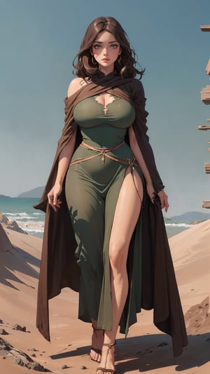 (((Unluxury))), (((faded poor brown earth hue dress))), ((sheer tunic)), ((form-fitted trousers)), cloak, best quality, 1 girl, nomad dress. (((steppes on background))), olive skin, emerald green eyes, pronounced perfect hourglass figure, well-toned body, narrow waist, fit huge h-cup breasts, chestnut hair.