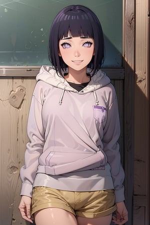 hyuuga hinata
smile
short hair
bangs
black hair
long sleeves
purple eyes

thighs
shorts
hood
blunt bangs
short
short shorts
hoodie

hood down
brown shorts
pink hoodie

