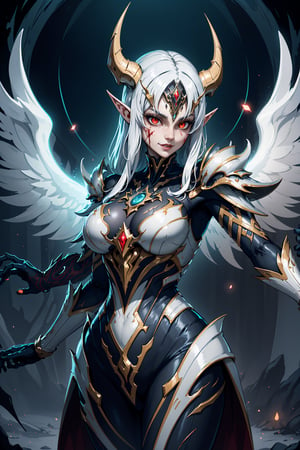 (Masterpiece: 1.2), (Elf), (Bloody Elf), (Glowing Red Eyes: 1.2), (Perfect Body: 1.3), (Armor the Blood Queen), (Cover Body), (Blood Runes), (White Hair: 1.2, Red Strands), Great Elf Forest, Gate to Elf World, (Mystical Wings: 1.1), (Enchanting Eyes), (Ethereal Horns), (Mystical Tail), (Captivating Smile), (Radiant Teeth), (Holographic Hair Accessory), (Magical Frills), (Elegant Dress: 1.1), (Luminescent Gloves), (Dynamic Pose: 1.3), (Exposed Face: 1.2), (Pumpkin Enhancement), (Mystical Realm Background), (Nocturnal Aura), (Enchanting Atmosphere), (Digital Mystical Effects), (Laser Focus), (Layered Depth), (Engaging Eye Contact), (Mystical Cowboy Shot), (Advanced Mystical Design: 1.2), (Enchanting Theme: 1.1), (Ethereal Tone: 1.1), (Luminescent Orange Tone: 0.7), (Shadowy Black Tone: 0.4), (Digital Mystical Illustration),Seraphina,WARFRAME