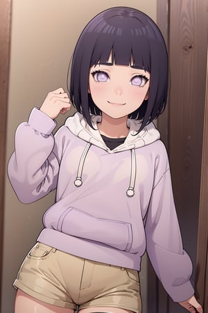 hyuuga hinata
smile
short hair
bangs
black hair
long sleeves
purple eyes

thighs
shorts
hood
blunt bangs
short
short shorts
hoodie

hood down
brown shorts
pink hoodie

,hyuuga hinata, smile