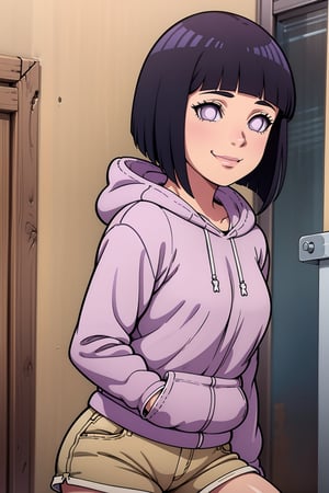 hyuuga hinata
smile
short hair
bangs
black hair
long sleeves
purple eyes

thighs
shorts
hood
blunt bangs
short
short shorts
hoodie

hood down
brown shorts
pink hoodie

