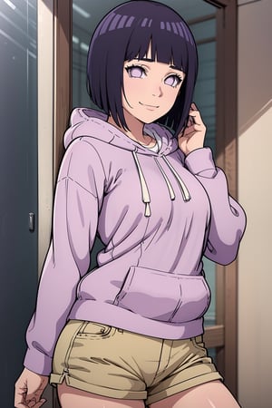 hyuuga hinata
smile
short hair
bangs
black hair
long sleeves
purple eyes

thighs
shorts
hood
blunt bangs
short
short shorts
hoodie

hood down
brown shorts
pink hoodie

