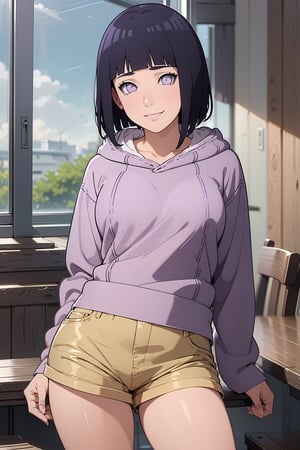 hyuuga hinata
smile
short hair
bangs
black hair
long sleeves
purple eyes

thighs
shorts
hood
blunt bangs
short
short shorts
hoodie

hood down
brown shorts
pink hoodie

