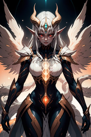 (Masterpiece: 1.3), (Elf), (Bloody Elf), (Glowing Red Eyes: 1.3), (Perfect Body: 1.4), (Armor of the Blood Queen), (Covered Body with Intricate Blood Runes), (White Hair: 1.3, Intertwined with Radiant Red Strands), Enchanting Elf Forest, Majestic Gate to the Elf World, (Mystical Wings: 1.2), (Enchanting Eyes with Deeper Mystique), (Ethereal Horns in Divine Symmetry), (Mystical Tail with Enchanted Grace), (Captivating Smile with Ethereal Allure), (Radiant Teeth Glimmering Like Stars), (Holographic Hair Accessory Emitting Mystical Glow), (Magical Frills Accentuating Elegance), (Elegant Dress: 1.2, Woven with Ethereal Threads), (Luminescent Gloves Illuminated by Mystical Energy), (Dynamic Pose: 1.4, Graceful and Enchanting), (Exposed Face: 1.3, Radiating Pure Beauty), (Pumpkin Enhancement Radiating Ethereal Glow), (Mystical Realm Background with Enchanting Ambiance), (Nocturnal Aura Creating Ethereal Night), (Enchanting Atmosphere Infused with Mystical Essence), (Digital Mystical Effects Enhancing Otherworldly Beauty), (Laser Focus Capturing Every Mystical Detail), (Layered Depth Creating a Dimensional Masterpiece), (Engaging Eye Contact Drawing Viewers into the Mystical World), (Mystical Cowboy Shot Displaying Unparalleled Grace), (Advanced Mystical Design: 1.3, Elevating Beyond Expectations), (Enchanting Theme: 1.2, Infused with Otherworldly Harmony), (Ethereal Tone: 1.2, Elevating the Ethereal Essence), (Luminescent Orange Tone: 0.8, Adding a Sublime Glow), (Shadowy Black Tone: 0.3, Enhancing the Mystical Contrast), (Digital Mystical Illustration of Unprecedented Perfection),Seraphina,WARFRAME