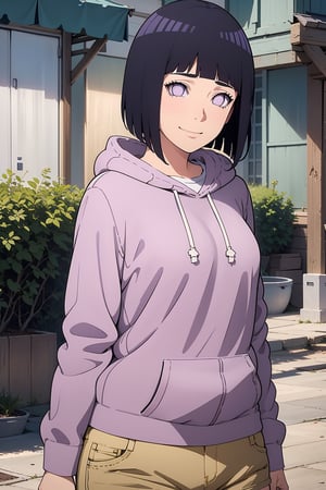 hyuuga hinata
smile
short hair
bangs
black hair
long sleeves
purple eyes

thighs
shorts
hood
blunt bangs
short
short shorts
hoodie

hood down
brown shorts
pink hoodie

