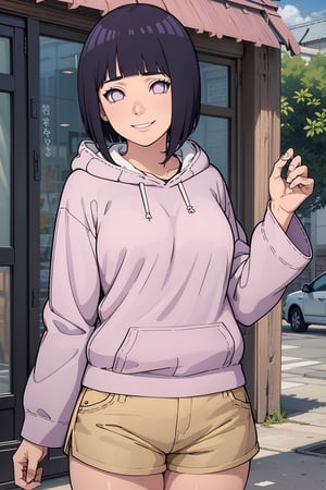 hyuuga hinata
smile
short hair
bangs
black hair
long sleeves
purple eyes

thighs
shorts
hood
blunt bangs
short
short shorts
hoodie

hood down
brown shorts
pink hoodie

