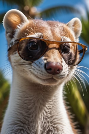 hyper detailed photograph of a weasel wearing sunglasses under a tropical sky, daytime,|photographic, realism pushed to extreme, fine texture, incredibly lifelike, cinematic, large format camera, photo realism, DSLR, 8k uhd, hdr, ultra-detailed, high quality, high contrast