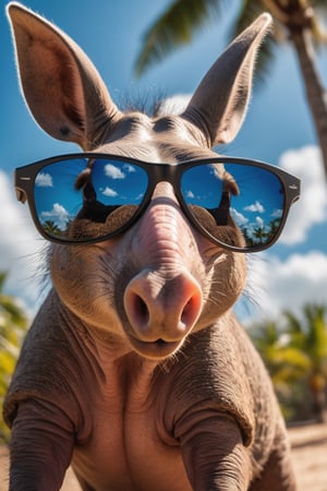 hyper detailed photograph of a aardvark wearing sunglasses under a tropical sky, daytime,|photographic, realism pushed to extreme, fine texture, incredibly lifelike, cinematic, large format camera, photo realism, DSLR, 8k uhd, hdr, ultra-detailed, high quality, high contrast