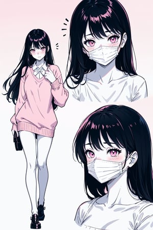 cute girl with long black hair, pink thin seductive eyes, wearing a white facemask, blushing, wearing a pink sweater on top of a white shirt, open collar,  manga style, monochrome, gray, manga texture, portrait, full body, slim