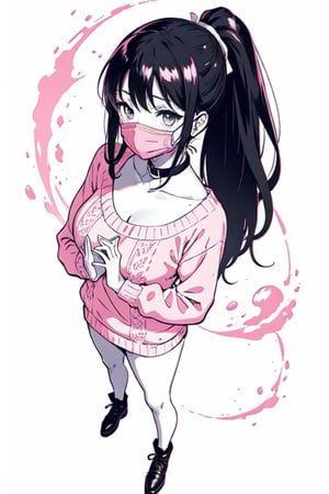 cute girl with long black hair, high ponytail,1girl, pink thin seductive eyes, wearing a white facemask, blushing, wearing a pink sweater on top of a white shirt, open collar,  manga style, monochrome, gray, manga texture, portrait, full body, slim, good hands