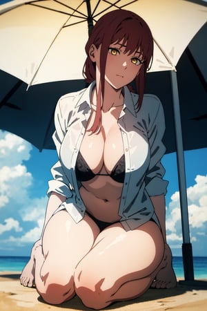 1girl, breasts, unbuttoned shirt that reveals her breasts, bikini panty, beach,makima \(chainsaw man\),golden eyes, beautiful detailed eyes, barefoot, from below, seiza, sitting on knees, under an umbrella, masterpiece, best quality, ultra detailed, intricate details, sunrays, high res