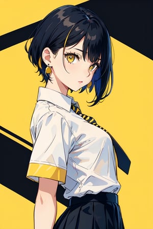 girl in school uniform with black and yellow hair standing in front of yellow background, 1girl, solo, yellow background, short hair, skirt, shirt, black hair, necktie, simple background, white shirt, yellow eyes, black necktie, jewelry, pleated skirt, from side, short sleeves, earrings, collared shirt, shirt tucked