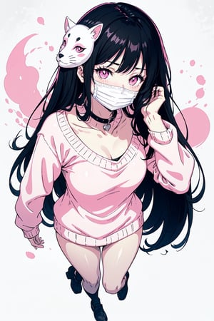 cute girl with long black hair, pink thin seductive eyes, wearing a white facemask, blushing, wearing a pink sweater on top of a white shirt, open collar,  manga style, monochrome, gray, manga texture, portrait, full body, slim