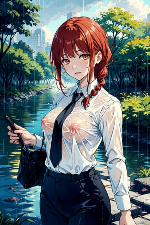 braided hair, 
black pants, red hair, top white shirts, 
black neck tie, wet top shirt, 
in rain park, alone, 1_girl, (smile:0.65), 
((front view:0.9)), (looking at down viewer:0.9),
(chubby:0.3), (medium breasts:0.8),
nsfw, povbathinfront,
makima\(chainsaw man\),