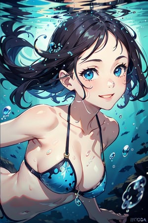 1girl, under water, diving, solo, underwater, swimsuit, bikini, smile, (intricately detailed background), (water particles, bubbles), (beautiful detailed face)