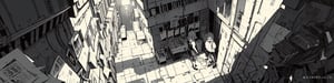 (Noir Comics-style illustration:1.2),(Black and white_High contrast),  Around the city during the day, bottom perspective, gigared light, conceptual art, godrays, Cinematographic lighting, canon, high details, hiquality, HD fine, 16K resolution, 