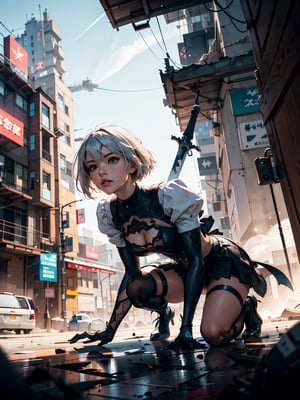 2B from Nier Automata, action pose with her sword,  digital illustration, comic style, stunning background, approaching perfection, dynamic, highly detailed, artstation, concept art, smooth, sharp focus, illustration, art by Carne Griffiths and Wadim Kashin, trending on artstation, sharp focus, studio photo, intricate details, highly detailed,JAR,FFIXBG,High detailed ,Hori,DonMG414 ,potcoll,shodanSS_soul3142