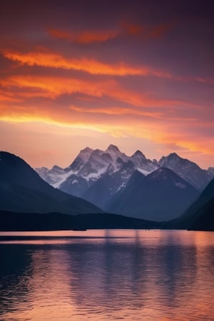 pic of a magnificent sunset over a mountainous landscape, where the high peaks are bathed in a golden light and the sky is painted with soft shades of orange and pink. The clouds extend in dramatic shapes, criando uma cena deslumbrante e serena. No primeiro plano, There is a tranquil lake reflecting the beauty of the sky, while silhouetted trees add a touch of mystery to the landscape. The balanced composition and vastness of nature captured in a convey a sense of calm and wonder at the grandeur of the natural setting. ,prushka