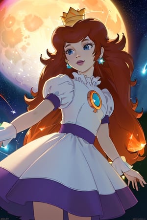 (Masterpiece), (Best Quality), (Official Art, Highly detailed CG unity 8k wallpaper), (Very detailed), (((absurdes)), 1 Girl, Midshot, shot from below, (exquisite facial features), ((Clean hands)), 1girl, brown hair, long hair, blue eyes, crown, earrings, lipstick, light smile, looking at sky, dress, puffy short sleeves, Stars in the Snow, Colorful glass, (album cover) expansive landscape photograph, (Up in the sky, Fields below), a girl standing on a flower field looking up, (full moon: 1.2), distant mountains, WOOD BREAK CRAFT ART, (warm light: 1.2), (Fireflies: 1.2), illumination, Lots of purple and orange, intriciate detail, Voluminous lighting, Realism BREAK (Masterpiece (Best Quality), 4k, The ultra-detailliert, (Dynamic composition: 1.4), Very detailed, Colorful Detail, (Rainbow color: 1.2), (Glow Lighting, Atmospheric lighting), Magical,behind a contellation of stars and meteorites,princesstoadstool