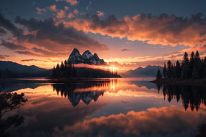 pic of a magnificent sunset over a mountainous landscape, where the high peaks are bathed in a golden light and the sky is painted with soft shades of orange and pink. The clouds extend in dramatic shapes, criando uma cena deslumbrante e serena. No primeiro plano, There is a tranquil lake reflecting the beauty of the sky, while silhouetted trees add a touch of mystery to the landscape. The balanced composition and vastness of nature captured in a convey a sense of calm and wonder at the grandeur of the natural setting. 